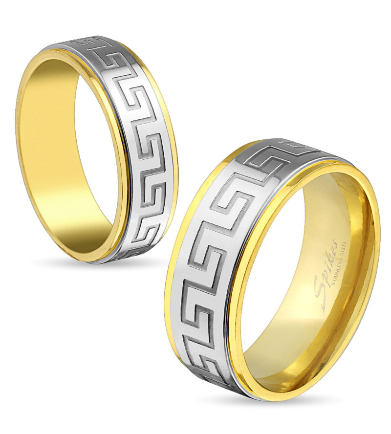 6 mm - Arany és ezüst színű, görög mintás nemesacél gyűrű ékszer