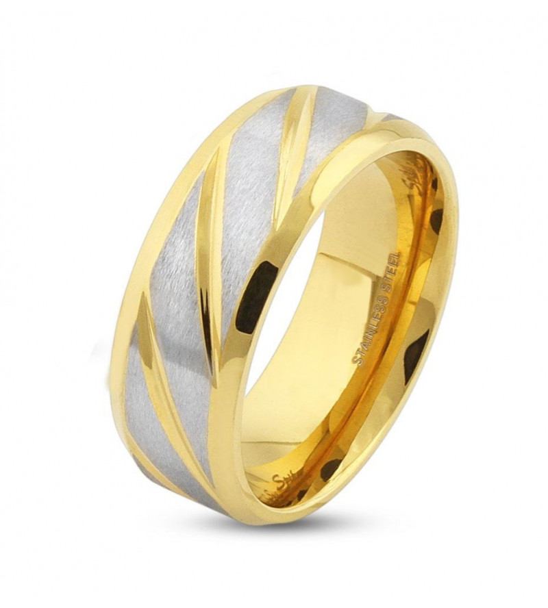 6 mm - Átlósan csíkos, arany és ezüst színű nemesacél gyűrű ékszer