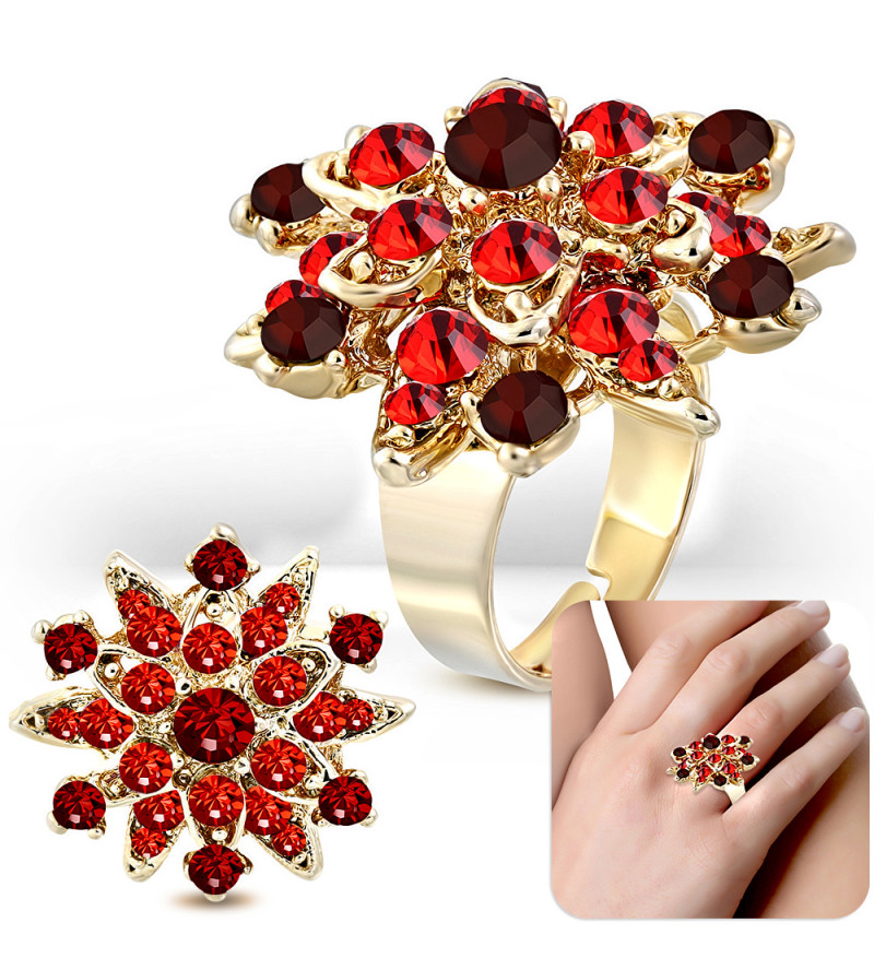 Állítható, virág alakú koktél gyűrű, piros cirkónia kristállyal