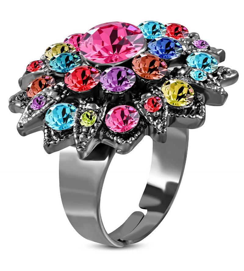 Állítható, virág alakú koktél gyűrű, színes cirkónia kristállyal