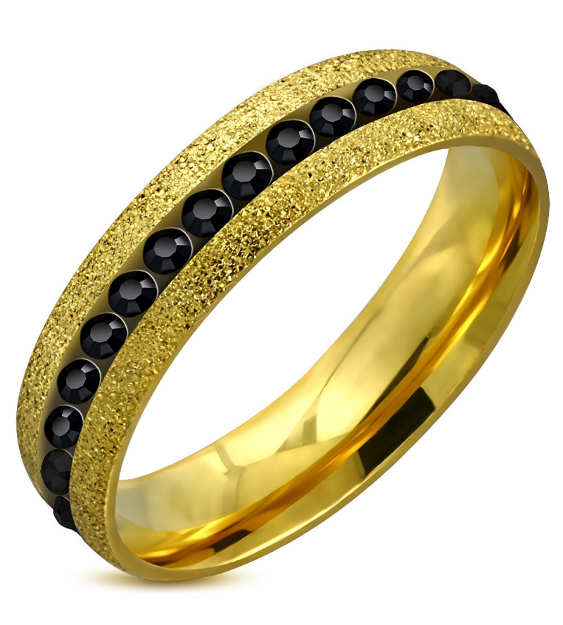 Arany színű nemesacél gyűrű ékszer, fekete színű cirkónia kristállyal