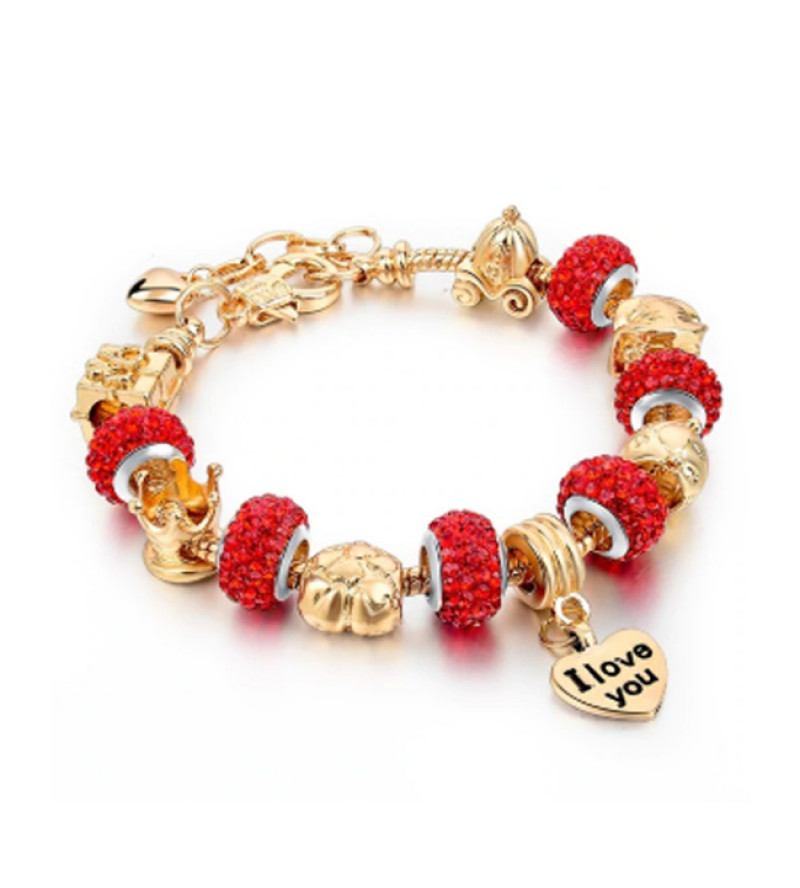 Pandora stílusú kristályos karkötő Piros charmokkal - Arany színű