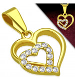 Arany színű,  dupla szív alakú nemesacél medál, cirkónia kristállyal