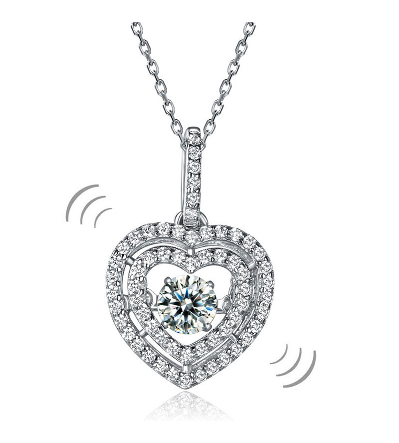 Ezüst nyaklánc,szív alakú táncoló szintetikus gyémánt medállal - 925 ezüst ékszer
