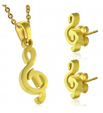 Arany színű nemesacél medál és fülbevaló szett, violinkulcs alakú