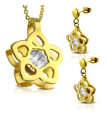Arany színű nemesacél szett, virág alakú medállal és fülbevalóval, cirkónia kristállyal
